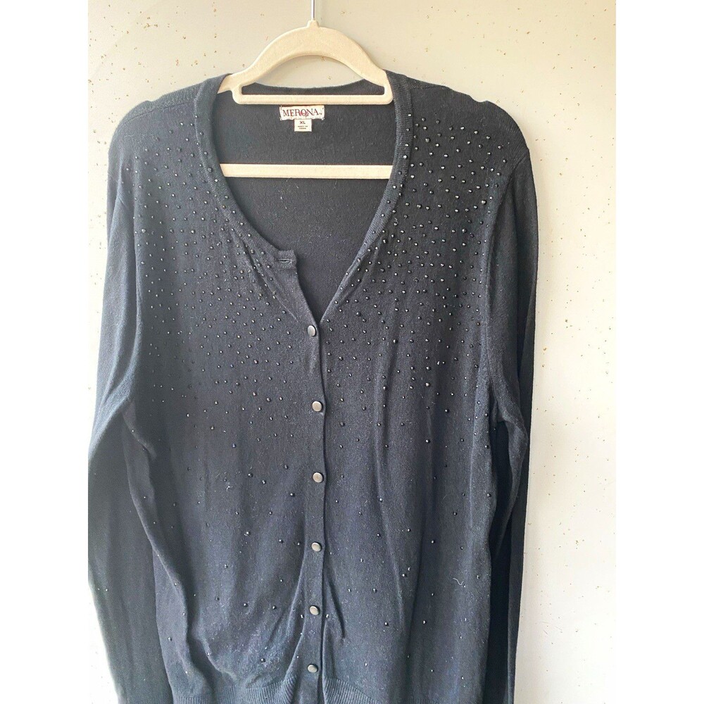 Merona Womens XL Black Solid Knit Cardigan Sweater Studded Button Front